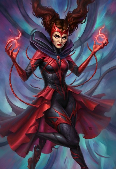 w4rh4mm3r style oil painting, grimdark, marvel scarlet witch woman, witch floating in the air with powerful Eldritch magic coming from her hands. cybernetic arm