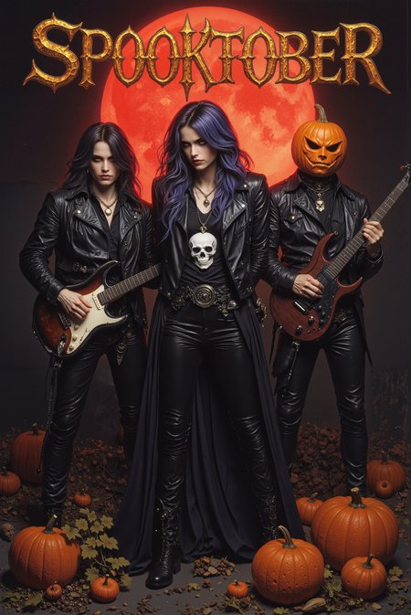 this is a highly detailed photograph of a vinyl record album cover featuring a rock band "SPOOKTOBER". At the top center,the band's name "SPOOKTOBER" is written in large,bold,stylized halloween letters. Overall style is m3talc0ver and vantablack,dnddarkestfantasy. Rock band is performing on a dark,rugged stage under a full red moon. The central figure is a female with long,curly blue and purple gradient hair,wearing black leather jacket and leather pants,she is wearing black shirt with white skull and looking straight at viewer. She is holding her hands behind her back. To her right,a female bassist with shorter,curly hair is dressed in black leather,including a leather jacket and black pants. She is playing a white edgy bass guitar. On the left,a male guitarist.  He is wearing a pumpkin on his head completely covering his head.  He playing an electric black guitar. The background is dominated by a large,full moon stylized to pumpking with a slightly reddish hue,casting a menacing glow over the stage. There are pumpkins with candles on the stage embracing halloween theme. #  <lora:FLUX\FLUX.1-Turbo-Alpha\FLUX.1-Turbo-Alpha.safetensors:1>  <lora:FLUX\Styles\Midjourney_Dark_Fantasy_FLUX_LoRA.safetensors:0.8>  <lora:FLUX\Styles\- Flux1 - vanta_black_V2.0.safetensors:0.8>  <lora:MyTrainings\Test\Metal_Album_Covers_F1D_ARZUMATA.safetensors:0.8>  <lora:FLUX\Styles\DnDDarkestFantasy.safetensors:0.6>