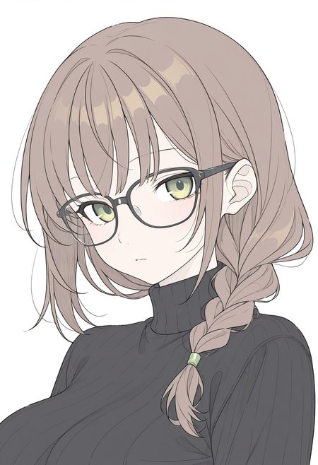 {{masterpiece,best quality,amazing quality,absurdres}}, {{flat shading, cel shading}}
BREAK
1girl, solo, upper body, simple background, portrait, looking at viewer, brown hair, single braid, bangs, green eyes, black glasses, large breasts, black sweater, turtleneck