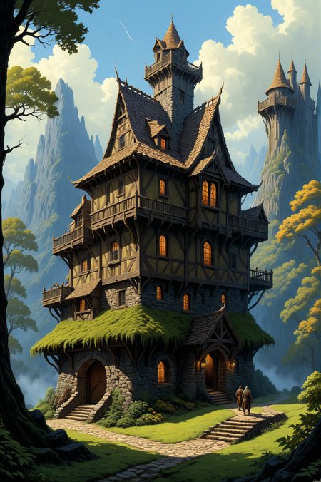 by  Ted Nasmith  and  Mark Briscoe ,   building  , digital painting  <lora:more_art:0.30> <lora:midjourney:-0.15> <lora:RMSDXL_Enhance:0.50> <lora:RMSDXL_Creative:0.50> <lora:RMSDXL_Photo:0.50> <lora:RMSDXL_Darkness_Cinema:0.50> <lora:clothing_slider:2.00> <lora:great_lighting:1.50> <lora:aesthetic:1.50> <lora:photorealistic_portrait:1.50> <lora:extremely_detailed:1.50> <lora:dpo:0.25>