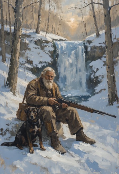 A portrait of an old human hunter armed with old shotgun with carrying stripe, sitting on a rock in a snowy winter forest. The hunter is looking at viewer and rests his rifle pointed to the ground, while sunlight filters through the trees, casting a warm glow over the snowy landscape. The hunter also wears an old leather bag on his back. Next to the hunter is sitting his loyal black retrviever hunting dog, which is also looking at viewer. Background reveals a frozen waterfall with an icy blue hue, surrounded by snow-covered rocks with trail of animal tracks and branches. Soft, natural lighting creates a serene contrast between the warm sunbeams and cool winter tones. Color palette is dominated by icy blues and soft whites, with hints of golden sunlight. Atmosphere is peaceful and awe-inspiring, capturing the beauty and solitude of nature in winter. Oil painting. style of Frederick McCubbin