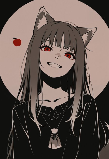 masterpiece, best quality, amazing quality, very aesthetic, absurdres, newest, cvle01, 1girl, solo, (minimalism:1.2), flat-colors, flat-shading, monochrome, spot-color, holo, spice-and-wolf, wolf-ears, wolf-tail, red-eyes, smile, grin, head-tilt, apple-theme, facing-viewer, portrait, abstract-background, two-tone-background, gradient-background, detailed hair, volumetric lighting, realistic-lighting,