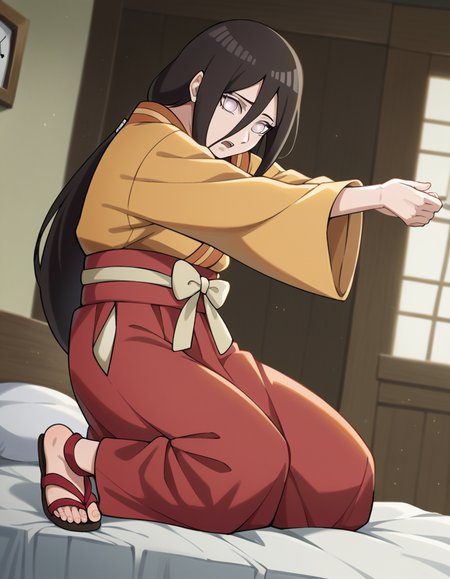 score_9, score_8_up, score_7_up, source_anime, <lora:hanabi-hyuuga-boruto-anime-ponyxl-lora-nochekaiser:1>, hanabi hyuuga, long hair, black hair, hair between eyes, white eyes, no pupils,, skirt, long sleeves, japanese clothes, kimono, sandals, hakama, orange kimono, red hakama,, bedroom, alarm clock, morning routine, yawning, stretching, on bed,, , looking at viewer, hand resting on chin, solo,, cowboy shot, dutch angle