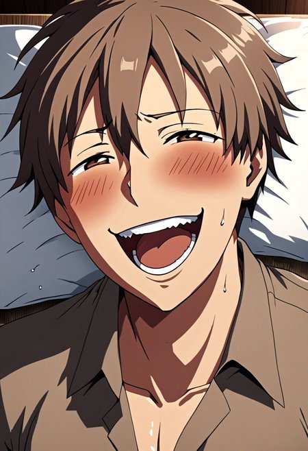 high resolution, solo, best quality, 1Boy, Takaki Toono, Brownish Hair, Brown Eyes, laughing, tickled, OverallDetail