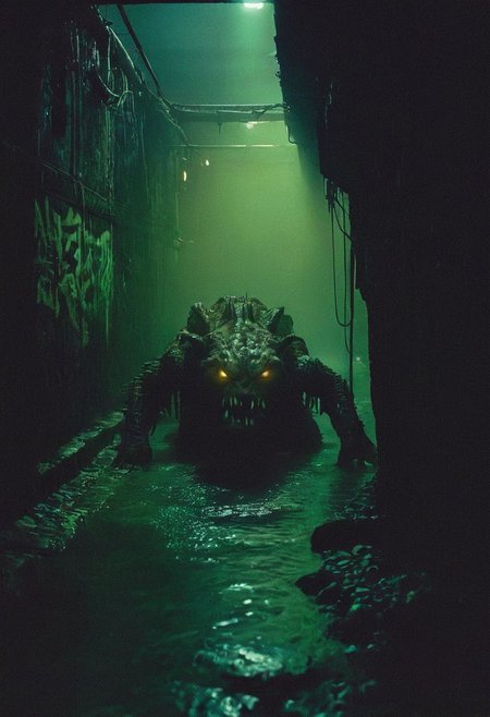 A grainy, handheld video documents a pair of urban explorers navigating the dark, damp sewers beneath an old city. Their flashlight beams reveal unsettling graffiti and strange symbols. Suddenly, a monstrous, humanoid creature with scaly skin and glowing eyes emerges from the murky water. The footage is shaky and filled with distressed audio, capturing the explorers' terrified reactions and the creature's menacing growls.