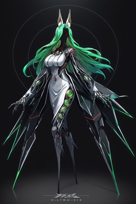 score_9, score_8_up, score_7_up, score_6_up, score_5_up, score_4_up, BREAK, source_anime, solo, 1girl, rating_safe, ((mature female)), ((long green flowing hair)), mechanical parts, ((plastic, polymer, metal body)), (big mechanical rabbit ears), mature female, (bunny ears), (animal ears), subdermal port, ((milf, mature female, big breasts)), hexagon lines in skin, naval uniform overcoat, naval uniform, white military uniform, dress_uniform, ribbons, ((red eyes)), bunny tail, rabbit tail, aiguillette, ((green hair)), ascot, ((Ground level (from the side) view Extreme Close shot (focus on waist), Twirling with one hand on the hip )), pilot suit, shoulder cutout, bunny rabbit Tail, ((hair over one eye, )), digitigrade, clawed feet, minimal clothes, ((metal skin, shiny skin, vampire aesthetic, digital eyes, filled eyes, monochromatic eyes, glowing eyes, colored sclera, red sclera, mechanical eyes, partially shaded face, slit pupils, angular, minimal face, minimalism, narrow eyes, large eyes)), (anubis \(mythology\), anubis \(mythology\), ), <lora:Pony_DetailV2.0:1.5>, <lora:age_slider_v4:4>, ((dark, shaded, black background, horror, GREEN HAIR,)) <lora:ECHANIS:0.7>,   <lora:see-through_body_slime_version:1>