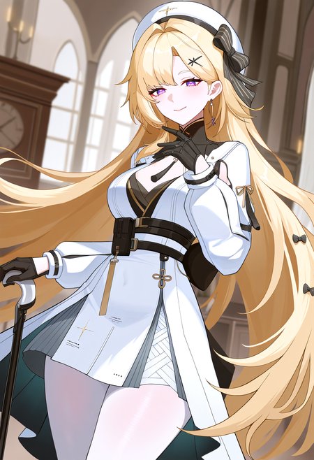 very awa, masterpiece, best quality, year 2024, newest, highres, absurdres, <lora:age_slider_v4:3> <lora:thicc_v1.4-pony:1.2>,detailed_background,indoors,wuthering waves,hat,white pantyhose,purple eyes,absurdres,birthday miaoke,black collar,bow,hair ornament,1girl,cane,black bow,dress,solo,wind,pantyhose,long hair,hair bow,tacet mark \(wuthering waves\),holding,smile,phoebe \(wuthering waves\),looking at viewer,gloves,hand up,highres,white dress,breasts,collar,white hat,holding cane,blonde hair,x hair ornament,black gloves,striped bow,small breasts,long sleeves,closed mouth