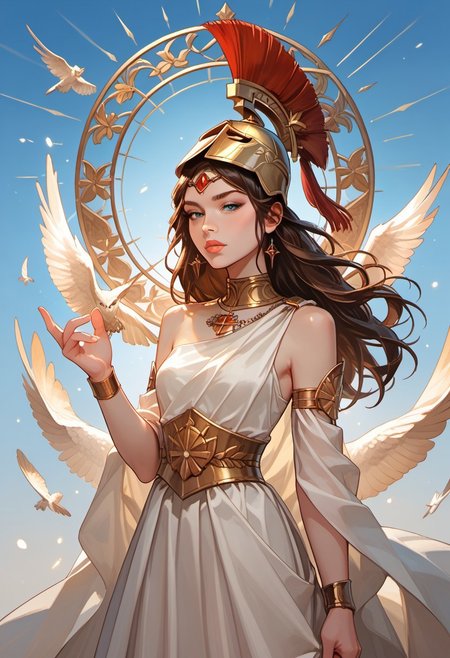 masterpiece,best quality, highly detailed, score_9, score_8_up, score_7_up, score_6_up, score_5_up, score_4_up, Expressiveh, greek_athena, helmet ontop of head, brown hair, long hair, toga, armor, 30yo, adult lustful confident woman, petite, slender body, perky saggy natural breasts, full lips, bangs, sidelocks, straps,
chinese magical sorceress, animated, swirling magic, wisps of magic, dancing pose, tight squeezed outfit, magical accessories, evoking motion, conveying motion, dynamic splash art