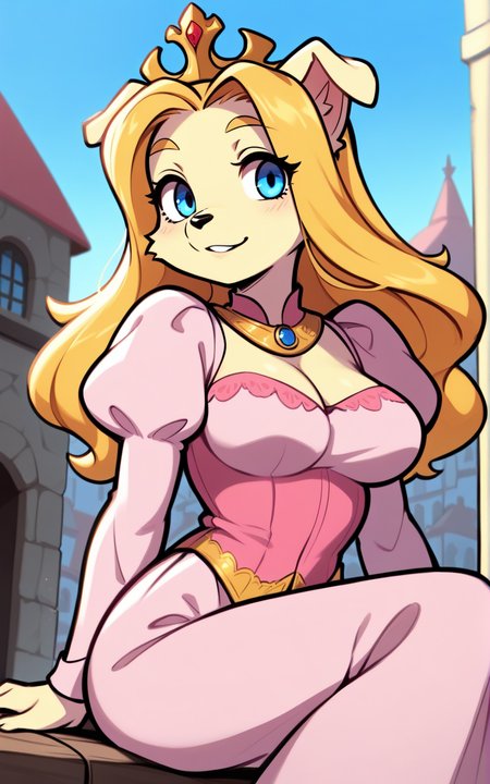 best quality, absurdres, <lora:BolivanteStyleITS:0.8>,  <lora:PTTCITS:0.8>, PTTCITS, long hair, blue eyes, blonde hair, long sleeves, dress, animal ears, jewelry, puffy sleeves, tiara,furry, furry female, dog ears,dog girl,pink dress,sitting, medieval town, city,blue sky