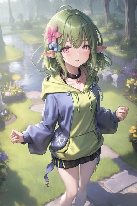 masterpiece,best quality,1girl, solo, pointy ears, pink eyes, hair ornament, green hair, hair flower
(Hoodie:1.3)

 <lora:Castelle:0.8>