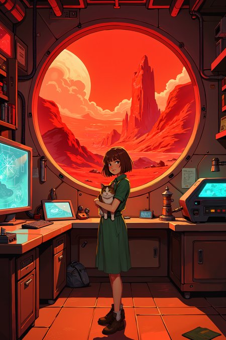 a futuristic laboratory with a large circular window displaying a red, alien landscape. A young girl with short brown hair, wearing a green dress and holding a cat, stands confidently. The room features various scientific equipment, including a holographic screen and a large machine emitting blue light. The background is illuminated with warm, orange hues, creating a dramatic contrast. , detailed background  Fantastic lighting. Detailed shadows.intricate details, vivid colors, hyper-detailed, ultra-sharp, , <lora:XRSTYLE_FLUX:0.5><lora:RetroAnimeFluxV1:0.4><lora:MoriiMee_Gothic_Niji_Style_FLUX:0.3>