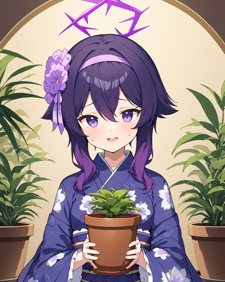 haruka \(blue archive\),1girl, purple_hairband, solo, kimono, open_mouth, sweat, potted_plant, flower_pot, long_sleeves, floral_print, holding, wide_sleeves, official_alternate_costume, halo, upper_body, hair_flower, simple_background
<lora:haruka_(blue_archive)_image830_2023-11-26-000015:1>halo. gorgeous,key visual, vibrant, studio anime,award-winning, professional, highly detailed,high budget, cinemascope
