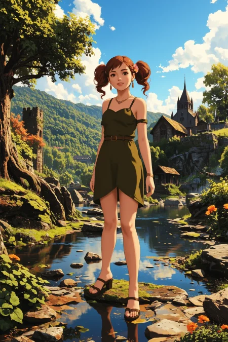 twin drills auburn hair (young woman), (druid:1.2), anime, illustration, (extremely detailed), (portrait), (standing:1.2), (happy smile), flower in hair, glossy lipstick, celtic necklace, oval earrings, loincloth, (sandals),  Olive Green (druid short dress), (legs), heels, (sharp focus),  fantasy, (beautiful celtic landscape:0.9), (small rock:0.9), (moss:0.4), (ripples, reflections:0.8), celtic  castle, (small river small pond:0.5), druid forest, (druid village:1.2), (stunning nature environment:0.8), (enchanted land:0.5), clovers, (Bright Orange flowers:0.9), leaves,bright (sunny sky), (sunset:0.3), best quality, colorful, wet floor, raytracing, hdr, high contrast, ethereal natural lights, backlight, (lens flare:0.4), shadows, (vibrant colors, colorful):0.6, pretty, beautiful, happy, smiling, feminine, sexy, lovely, in love, adorable, fashion,  <lora:Hand v2:1> <lora:Anti-Blur:1><lora:Insane Detail Slider:0.5>  <lora:flux.1_lora_flyway_Epic-detail_v2:0.3><lora:fluxenhancer:0.5> <lora:RetroAnimeFluxV1:0.4> <lora:Luminous_Shadowscape:0.4>  <lora:SujatmikoArafuru_Flux:0.2> Suzume style