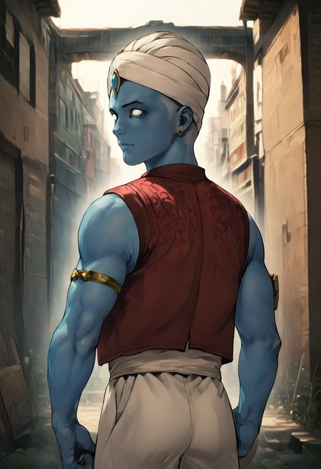 SFW, rating_all, score_10, score_8_up, score_7_up, beautiful, realistic, detailed, perfect, quality, vector, flat colors, masterpiece, drmanhattan, 1boy, glowing, blue skin, bald, white eyes, no pupils, brown naked vest, white turban, blue gemstone, white baggy pants, red pointy shoes, red sash, armlet, earrings, sleeveless