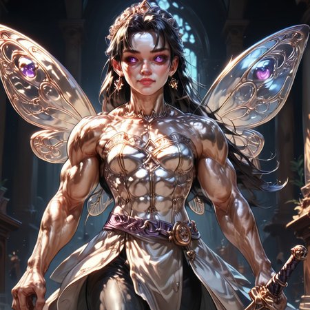Medium shot, detailed, photorealistic, hyper realistic, score_9, score_8_up, rating_safe, solo ((arch fey, detailed violet eyes, (beautiful woman, white corset, skirt, pants, sword belt, and holding a sword), ((bronze metallic gold skin ral-polishedsteel)), ((huge muscles, muscular shoulders, muscular thighs, muscular torso, small petite breasts)), (fairy wings), (long black hair))), (standing next to a multicolored crystal throne, in a detailed throne room filled with treasures, detailed lighting), hi res, hi quality, 4k, concept art, digital art, realistic, detailed background, lens flare, pixel art, piratical beauty, great lighting