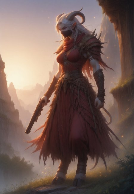 (absurdres, best quality, masterpiece:1.4), score_9, score_8_up, score_7_up, score_6_up, detailed, detailed body, detailed face, world of warcraft, fantasy, 

fFaceDetail, SkinDetail, ((female, draenei, tall, athletic arms, pale white skin, smooth skin, long white hair, purple eyes, no pupil, no sclera, long white tail), (h0rns, ram horns, white horns), 
(long fingers, purple fingernails, purple nail polish)), 

(long loose red dress, simple armlet, black facemask, red silk scarf), GunMonk, shotgun, holding shotgun,

full body, side view

outdoor, evening, mountains, sunset