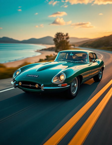 An e-type jaguar, painted a british racing green, hurtles down a winding road by a beach. The car's lines are sharp and aerodynamic, with exaggerated curves that accentuate its speed. The motion blur is pronounced, capturing the blur of the wheels. The background is a blurred landscape of rolling hills and a clear blue sky. The sun glints off the polished paintwork, creating a shimmering effect. The car's headlights pierce the twilight, illuminating the path ahead.