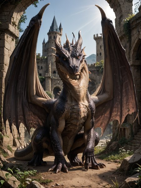 <lora:MH_Fatalis_a1_9_PonyXL:0.7>,score_9,score_8_up,score_7_up, nature photography, (rimlight:1.2)
sunlight, bloom, subsurface scattering, sharp hyper detailed, dramatic lighting, , (shiny metallic skin:1.2), (ultra-detailed small micro scales), bright highlights,
,fatalis,feral,by zackary911,by syuro,by hanuvo,solo,hi res,detailed background,ruins,castle, wings,curled up,front view,
<lora:RM_Enhancer_v1.0_bf16:.1>  <lora:p:.2> <lora:Add_More_details_SD3:.5> ,