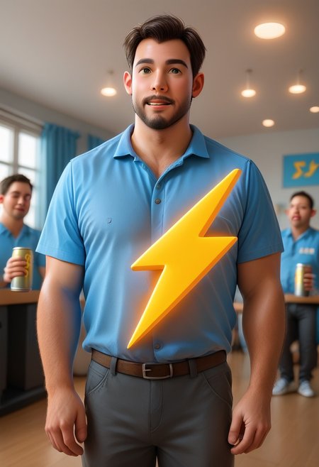 A man holding an empty tin can labeled with the word "Buzz". with a yellow buzz symbol, Buzz2