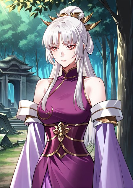 <lora:Zi_Ziyan__I_am_the_Fated_Villain__Illustrious:1>
1 girl, solo, white hair, bangs, hair up, ponytail, red eyes
mole under eye, bare shoulders, long purple dress, detached sleeves
score_9, score_8_up, score_7_up, very aesthetic, source_anime, detailed, high quality, beautiful, masterpiece, detailed eyes, forest, tree, ruins, cowboy shot, dynamic angle, upper body, light smile, dynamic pose