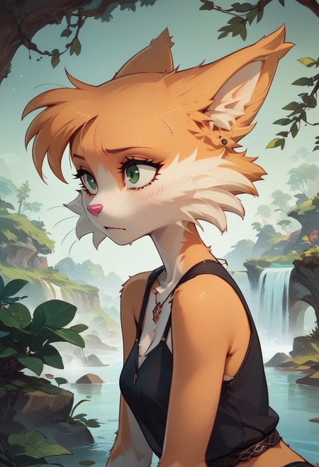 score_9, score_8_up, score_7_up, Rolo, 1girl, solo, animal ears, furry female, body fur, animal nose, white fur, green eyes, short hair, tail, fox ears, fox girl, two-tone fur, fox tail, orange fur, highly detailed, intricate, zzCitronCAT, enchanted grotto scenery
