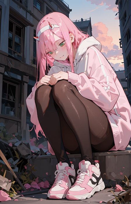 ZeroTwoCYQL,1girl,solo,pink hair,long hair,bangs,horns,hairband,white hairband,green eyes,Hoodie dress, tights, slip-on sneakers,
BREAK
happy,looking_down,
BREAK
scenery,building,ruins,outdoors,sky,cloud,window,rubble,,
BREAK
qxys,748cmstyle,EtherStyle,<lora:spo_sdxl_10ep_4k-data_lora_webui:0.7>,<lora:96YOTTEA-WAI:0.3>,<lora:illustrious_all_rated_v1:0.7>,<lora:748cmSDXL:0.9>,<lora:EtherSDXL:0.5>,,<lora:ZeroTwoCYQL:1>,
perfect quality,high quality,masterpiece,best quality,amazing quality,very aesthetic,absurdres,newest,