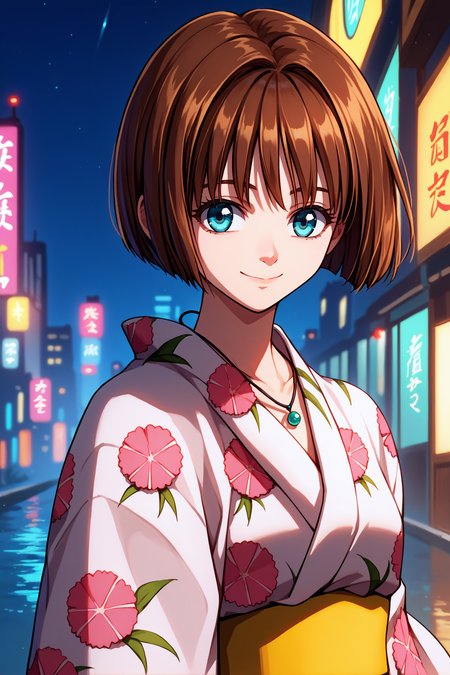 score_9, score_8_up, score_7_up, score_6_up, source_anime, 1girl, solo,  <lora:minatsukisaya-pdxl-nvwls-v1-000004:1> s4ya, brown hair, bob cut, blue eyes, necklace, yukata, yellow sash, floral print, looking at viewer, upper body, city, night, happy, legs, closed mouth