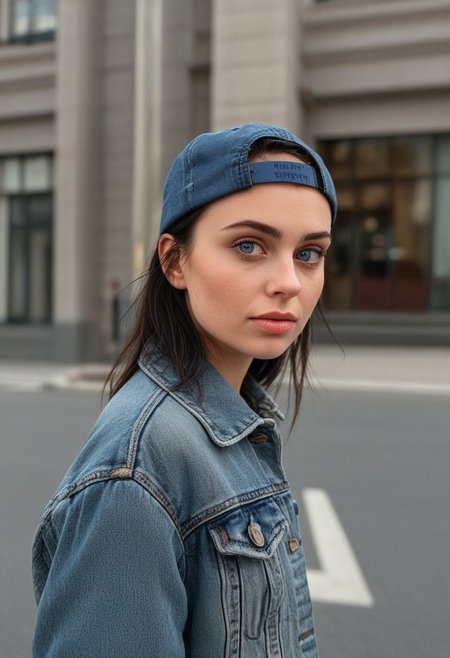 30yo woman posing for pic in front of tall building.
Blue eyes. small perfecteyes 
Wearing ripped Denim jacket red trucker hat
no makeup. Clear skin.  realistic skin style
Long dark black slick back hair. No makeup. Dusk, Street light. Looking at camera POV. Slight smile, tilting head.. Tilt head.
Medium Close Up shot. Bokeh. Bokeh light.