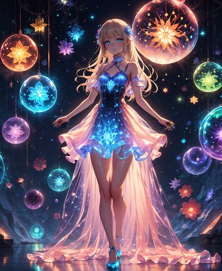 (masterpiece), (best quality),( detailed background, best lighting) ,((1girl)),  (kawaii background:1.3), (extremely detailed fine touch:1.3), (hard light, studio light, light rays, dappled light, reflection, shadows, ray tracing:1.0), ///, girl, long hair, light blonde, Princess, full body, sky, cloud, flower, glass shoes, mandala, stained glass, mosaic, snowflake, crystal, gemstone, rainbow, bubbles, (RGB effect:1.3), (reflect:1.3), light, (too many small spherical lights flying around in the air:1.4), bioluminescent dress