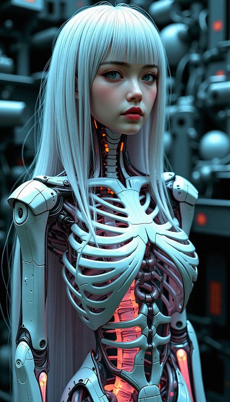 a photorealistic close-up of a futuristic female character with a pale, ethereal face that retains soft, human features and long, flowing hair with long bangs that glows faintly. The character’s body transitions into a glossy, intricate metallic skeleton from the neck down, with ribs, spine, and limbs that resemble polished bone. These bones reflect iridescent colors—teal, pink, and violet—adding a chameleon-like quality. Her ribcage and skeletal arms look organic yet machine-like, connected with intricate wires and joints that suggest advanced robotics. The dimlit lighting background full of machinery emphasizes her glowing elements and surrounding futuristic, casting soft, dramatic shadows that enhance her otherworldly aura. Maintain a high level of detail, focusing on the textures and reflective qualities of the metallic skeleton while capturing the ethereal softness of her face and hair.