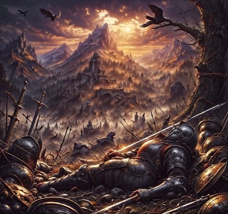 RAW photo, (masterpiece:1.3), subsurface scattering, heavy shadow, (high quality:1.4), (intricate, high detail:1.2), professional photography, HDR, High Dynamic Range, realistic, ultra realistic, photorealistic, high resolution, film photography, ambient lighting, atmospheric effects, <lora:detail_slider_v4:2>, OverallDetail,  <lora:Battlefield:1>, battlefield, bird, black hair, castle, cloud, helmet, military, mountain, pauldrons, planted sword, plate armor, polearm, scenery, shoulder armor, sunlight, tree, weapon