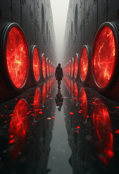 monochromatic art by Marianne Breslauer and Théophile Steinlen, In a dystopian world filled with swirling energy, the air is thick with a symmeth of darkness. A series of glowing explosions refracting in each other, their metallic forms and flashers casting deep reflections on both walls. Red metal bands pulse with an aura that seems as fluid, electric contrails pulsating against them as they dance and twist through space around them, creating chaotic scenes in twisted gear. Massive gears of reality grinding against each other, with scenes from different dimensions visible in the spaces between, Inspired by steampunk aesthetics and cosmic horror, Intricate mechanical details, Contrast between warm, metallic tones and cool void colors, Cosmic, overwhelming, reality-bending,, avant-garde photography, portrait photography, experimental compositions, Art Nouveau, lithography, posters, cats, bohemian Parisian scenes