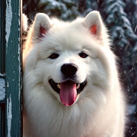 realistic artwork of  <lora:perfection style:0.5> <lora:detailed:0.5> perfection detailed
 <lora:The Shining film style:0.9>
a samoyed in the 1980's in the Colorado Rocky  Mountains samoyed dog with a cute face is looking through a broken door with a cute smile,solo,open mouth,1dog,dog focus,show tongue,portrait,meme,realistic,cinematic, film, kodak, The Shining film style, here's johnny style, realistic style, key visual, studio, highly detailed
