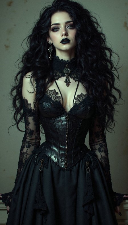 "Create a photorealistic image of a woman standing in a dimly lit room with a gothic aesthetic. Her voluminous, wild black curls are a striking feature, and she wears a structured black corset dress with lace detailing. Her hauntingly pale complexion contrasts with her dark, dramatic makeup, emphasizing her piercing gaze. The background is plain and muted, enhancing her as the focal point. Pay close attention to the intricate details of her dress, the natural shadows of her curls, and the sharp yet soft expression on her face."
 <lora:realism_lora_comfy_flux_converted:0.5> <lora:MoriiMee_Gothic_Niji_Style_FLUX:0.5>