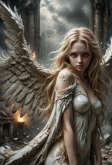 Beautiful adult angel girl with beautiful long blonde hair chaos around her ((beautiful render)) ((worked out person)) ((detailed skin)) ((gloomy atmosphere ))
<lora:add-detail-xl:0.35> <lora:MJ52:0.18> <lora:ral-anmwrlds-sdxl:0.3> ral-anmwrlds <lora:ral-porcelain:0.4> ral-porcelain <lora:ral-cltc:0.1> ral-cltc <lora:ral-dissolve:0.25> ral-dissolve <lora:zavy-mthcl-sdxl:0.2> <lora:SDXLFaeTastic2400:0.2>  <lora:WildcardX-XL-Detail-Enhancer:0.5>