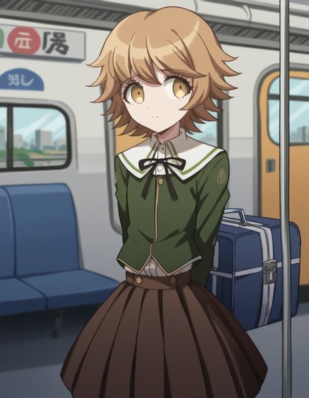 score_9, score_8_up, score_7_up, source_anime, <lora:chihiro-fujisaki-s1-ponyxl-lora-nochekaiser:1>, chihiro fujisaki, short hair, bangs, brown hair, brown eyes, male focus, otoko no ko,, skirt, shirt, long sleeves, ribbon, school uniform, jacket, pleated skirt, black ribbon, neck ribbon, brown skirt, green jacket,, train station, waiting for train, suitcase, traveling, commute, city skyline, hands behind back,, , , hand making a peace sign, solo,, cowboy shot, dutch angle