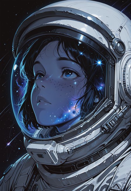 embedding:IllusP0s, codex sss chroma
1girl, solo, close-up, looking_up, astronaut, space_suit, space_helmet, helmet_on, short_hair, freckles, stars, galaxy, reflection, helmet_visor, nebula, dark_background