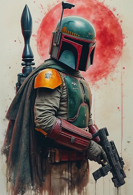 poster art, photorealistic ink art image, portrait of boba fett from the movie (Star Wars), menacing, dark fantasy, masterpiece