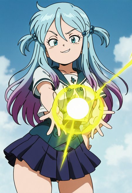 masterpiece, best quality, solo, curvy, beautiful eyes, narrow waist, wide hips, 1girl, solo, smile, looking at viewer,   zzLazuli, blue eyes, hair between eyes, blue hair, gradient hair, hair bobbles, hair ornament, long hair, multicolored hair, two side up,  school uniform, serafuku, sailor collar, blue skirt, pleated skirt, short sleeves,   ,<lora:LazuliByKurumiErika_IXL:1.0>,  ,vivid aura, looking at viewer, blue background, smug, aura, super saiyan, charging energy, energy ball, energy, lightning, <lora:DBSBroly_Style_IXL_v2:0.6>, (dynamic pose), large breasts,    <lora:CuteRetroStyle_IXL_v1:1.0>,
