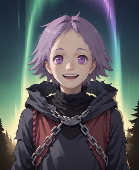 (score_9, score_8_up), score_7_up, score_6_up, best quality, standing, portrait, close up, 
<lora:ebisu:0.8>, solo, 1girl, lovely, cute, 
3bisu, purple hair, short hair, purple eyes, ringed eyes, happy, excited, turtleneck
slim:1.2, slender, petite:1.3, short, skinny, androgynous, 
 <lora:Curse_Maker_Etrian:1>,
pale skin, short hair, cloak:1.3, torn clothes, hood, (hood up:1.3),  chain, shackles, bandages, black bandages, chain around neck, 
nighttime, strong wind, spread arms, aurora borealis,