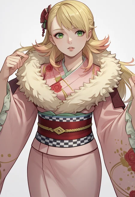 score_9, score_8_up, score_7_up, source_anime BREAK 1girl, solo, <lora:sharena-fe-richy-v1_pdxl:1> sharenany, green eyes, blonde hair, long hair, pink kimono, sash, fur trim, floral print, hair flower