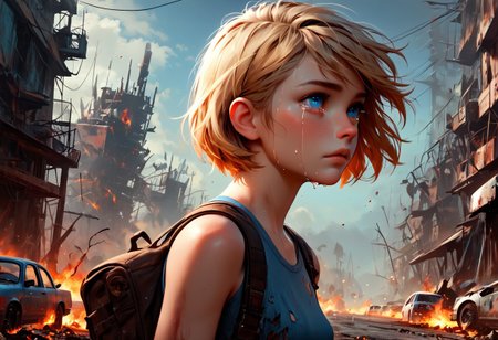 1girl, Masterpiece, 4k, ultra high detail, score_9, score_8_up, score_8, 18yo, petite, medium breast, short blonde hair, fcNeg, stunning blue eyes, freckles, white skin, small nose, innocent beauty, slim face,  skinny petite body, 
Torn sport clothes
Fear in her eyes, crying, 
Sideview,  Apocalyptic scene, burning skyscraper, burning city, derstroyed cars, a huge asteroid swarm in the sky, 
Many asteroids in the sky, 
End of the World, 
negative_hand, NightScapes,