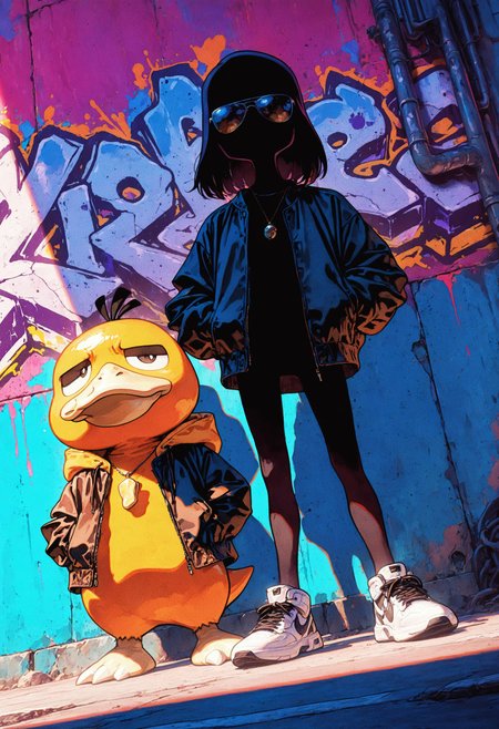<lora:PunkPokemonIXL:0.6> solo, psyduck, sunglasses, covered eyes, long sleeves, jacket, full body, open clothes, shoes, hood down, necklace, open jacket, black jacket, no humans, hoodie, white footwear, sneakers, hooded jacket, graffiti, hands in pockets,
dutch angle, outdoors, <lora:retro_scifi_artstyle_illustriousXL-000021:0.8> retro_artstyle, retro, detailed shadow,
masterpiece,best quality,amazing quality,very aesthetic,absurdres,newest, detailed, scenery,