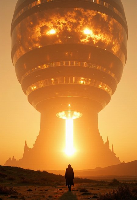 artilands02, v8s, A cinematic wide shot captures a solitary cloaked figure walking through a vast desert landscape at sunset. Impossibly tall beehive structures stretch from the desert into the cosmos, their hexagonal patterns becoming translucent as they pierce the atmosphere. The structures' bases glow with golden sunset light, while their upper portions shimmer with stellar illumination and cosmic radiation. Clouds spiral around their mid-sections where they penetrate the atmosphere, creating a dramatic visual transition. The desert foreground features wind-swept dunes and scattered brush, emphasizing the epic scale.