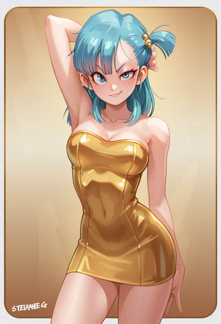 ultra detailed, masterpiece, best quality,solo, 1girl, ultra detailed, bulma, blue hair, smirk, cute, gold mini dress, arm behind head, cowboy shot, pose, steamedegg, <lora:Steamed_Egg_Style_IL:1>