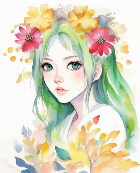 1girl,blue eyes,green hair,rose, camellia,daisy, freckles,  portrait, petals, tulip,(background full of flowers) ,(face close up),(Open eyes),(vibrant colors),(autumn:1.5) <lora:watercolor_v1_sdxl:2.4>