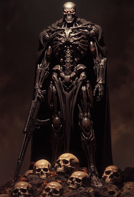 detailed renaissance oil painting, masterpiece, FredFraiStyle, full length view, intricate detail, full length endoskeleton of terminator cybernetic machine soldier, with titanium skull and red glowing mechanical eyes, facing viewer, silhouetted, standing on a pile of human skulls, holding rifle, directional lighting, one side of face in darkness, masterpiece, perfect composition