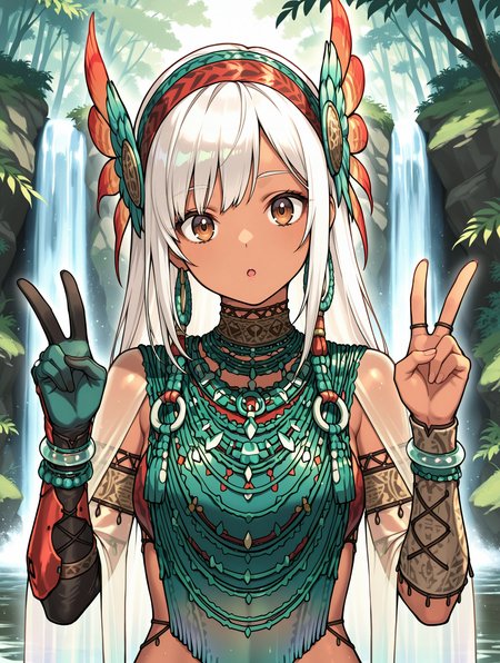 uth duna female armor,1girl,orange feather headdress,green loincloth,orange halterneck,orange asymmetrical gloves,see-through long sleeves,tribal earrings,waterfall,upper body,:o,white hair,brown eyes,solo,nature,looking at viewer,double v, head tilt, 
masterpiece,best quality,amazing quality,very aesthetic,absurdres,newest,<lora:Uth Duna Armor illuXL v1.4:0.77>,<lora:wai-2Rectified-V140:0.7>,