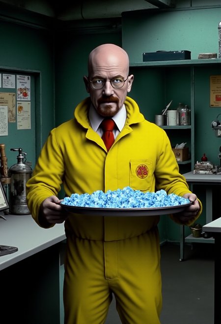 <lora:kft-montys-submarine-style:0.9>
The image is a vibrant, highly detailed kftcc style digital artwork featuring     Walter White from Breaking Bad in a hazmat suit in and underground laboratory holding a tray full of small blue crystals