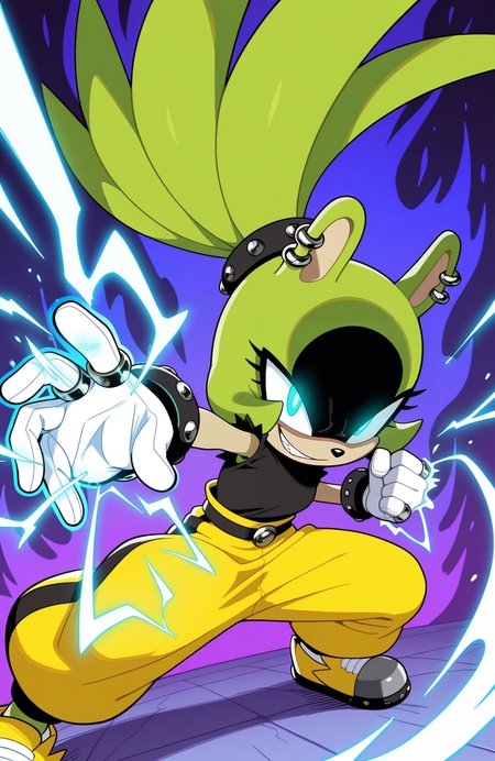 1girl, solo, no humans,  <lora:Surge-the-Tenrec_v41:1> surge the tenrec, black face, aqua eyes, topknot, piercing, earrings, studded bracelet, studded hair tie,
white gloves, ring, black shirt, torn sleeves, yellow pants, baggy pants, belt, grey sneakers, yellow sneakers,
glowing eyes, evil grin, bright pupils, electricity, aura, fighting stance, <lora:DynamicPoseIL2att_alpha1.0_rank4_noxattn_900steps:1> dynamic pose, foreshortening, extreme perspective, extremely detailed, highres, masterpiece, best quality